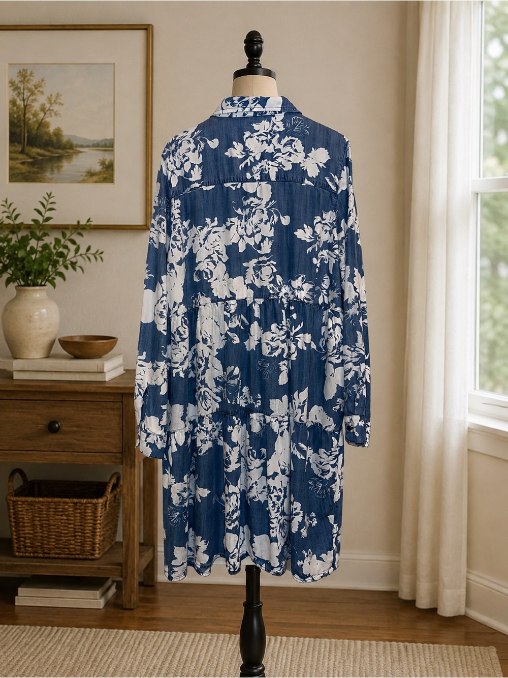 Elliott & Vine Blue White Floral Button Front Collared Tiered Dress Long Sleeve - Picture 3 of 7